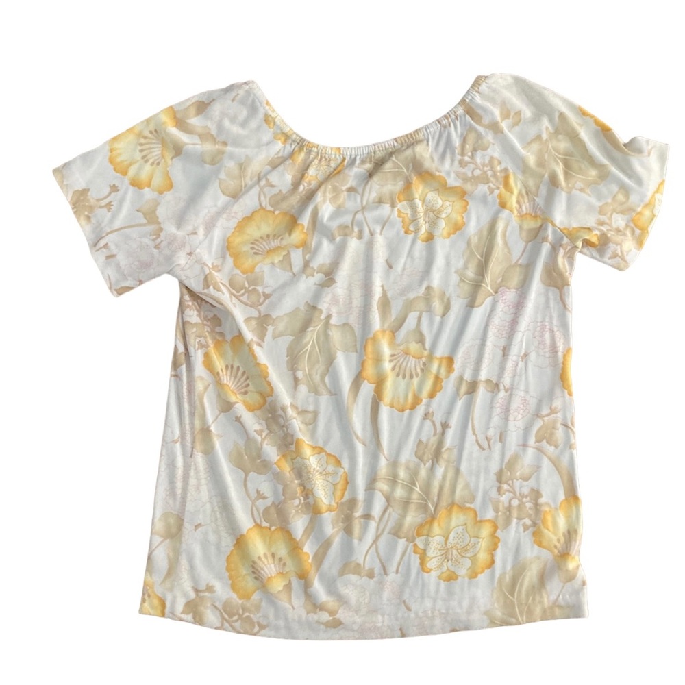 Vintage Yellow and Off-White Floral Short-Sleeve Top- Slightly Stretchy-size Med - Picture 2 of 2